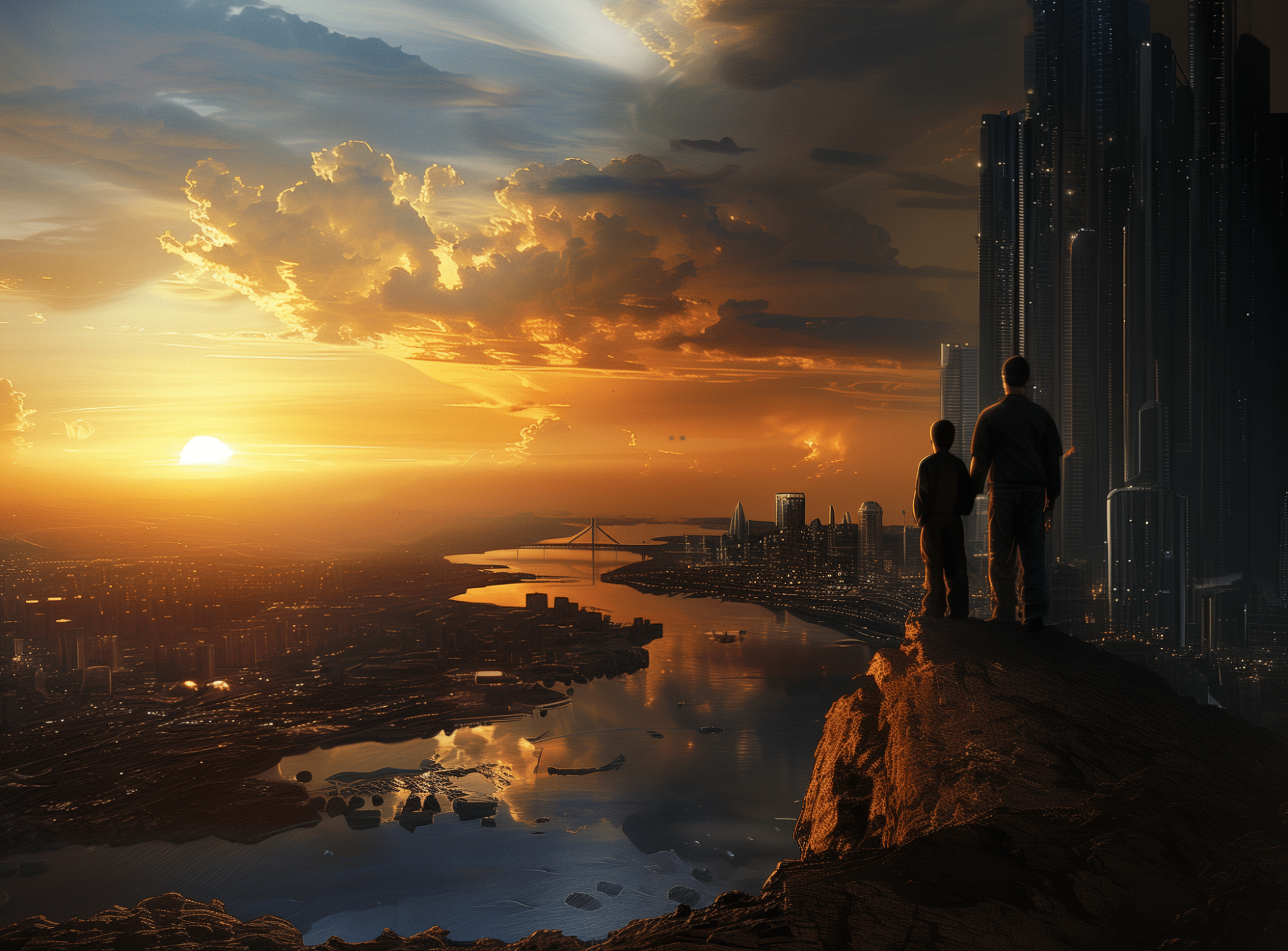 Un père et son fils devant un coucher de soleil sur une ville dystopique