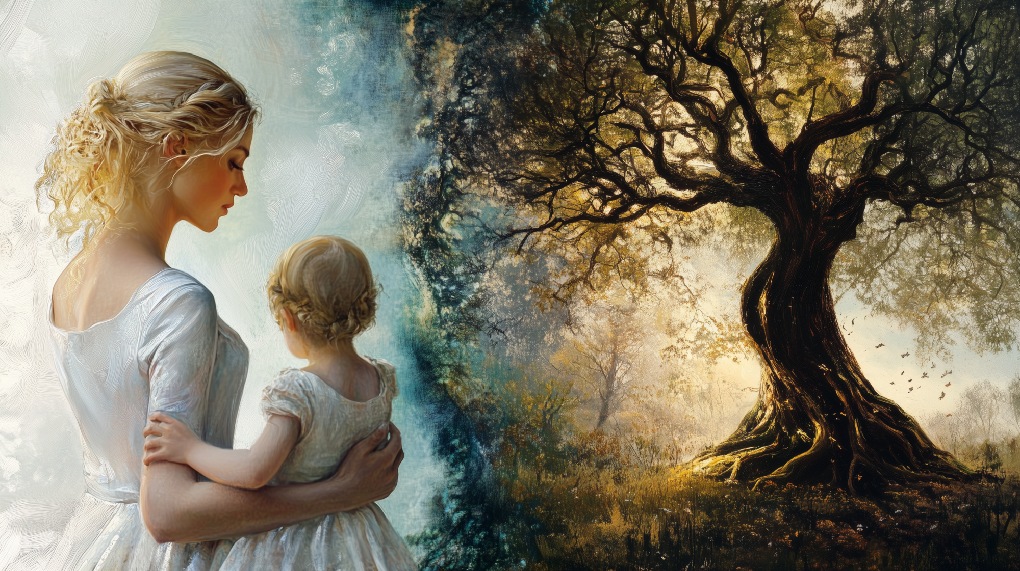 Illustration une femme avec un enfant à gauche et un arbre à droite, écologie double